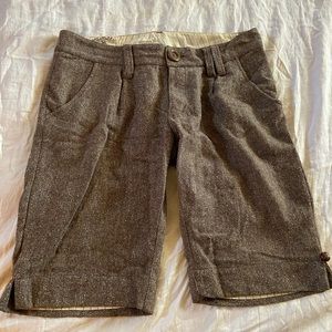 Brown Pleated Herringbone Tweed Wool Bermuda Short